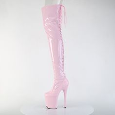 8" High Heel, 4" Platform Lace Up Back Thigh High Boots. Full-Length Inner Side Zipper Closure. Stretch Faux Patent Leather. Malf-3850 Lace Up Thigh High Boots, Medieval Boots, Pirate Boots, 7 Inch Heels, Alternative Shoes, Goth Shoes, Pink Platform, Festival Shoes, Santa Boots