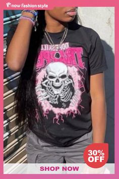 Halloween Costumes Skull Head Print O Neck Short Sleeve Oversize T-Shirts Ripped Pants, Oversized Graphic Tee, Skull Head, Tees For Women, Skull Design, Oversized Tshirt, Printed Tees, Black Tee, Short Sleeve Shirt