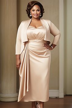 Xpluswear Design Plus Size Mother Of The Bride Elegant Champagne 3/4 Sleeve Peplum Satin Two Piece Dress Set Mother Of The Bride Fashion, Formal Dress Patterns, Bride Elegant, Floral Lace Maxi Dress, Neat Casual Outfits, Plus Size Brides, Evening Gowns With Sleeves, Mother Of The Bride Dresses Long