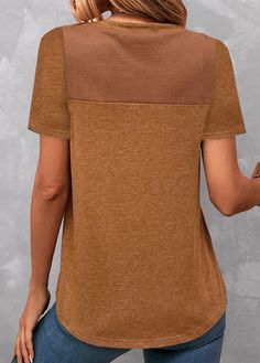 Brown Cotton Patchwork Tops, Casual Brown Tops With Button Closure, Casual Brown Top With Button Closure, Solid Color Casual Patchwork Tops, Casual Solid Color Patchwork Tops, Casual Brown Patchwork Tops, Brown Short Sleeve Tops With Buttons, Brown Crew Neck Top With Buttons, Patchwork T Shirt