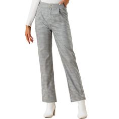 These pants are essential for dressing up or down. Lightweight fabric, covered in a plaid pattern, shapes these trendy trousers with a high-rise fit. How it is a bit high waist and how it gathers at the waist adding shape to the body. You may love everything about these trousers, from their regular fit to the elastic high-waist, which could double as a hiding mechanism for women with love handles. Style these trousers with a crop top and heels for the ultimate look. This fashionable and trendy c Chic Plaid Straight Leg Pants, Trendy Non-stretch Plaid Bottoms, Trendy Plaid Straight Pants, Chic Plaid Straight Leg Bottoms, High Waist Plaid Pants For Fall, High Rise Pants For Winter Workwear, Chic High-waisted Plaid Pants, Trendy High-waisted Plaid Pants, High-waisted Plaid Pants For Fall