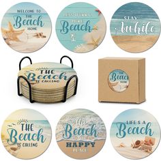 the beach is calling coasters are shown in various styles and colors, along with a box