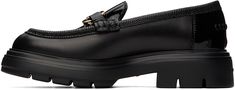 Buffed calfskin loafers in black. · Snake-embossed calfskin trim throughout · Moc toe · Logo hardware at vamp · Blanket stitching at heel counter · Treaded rubber sole · Heel: H1.5 · Logo-engraved gold-tone hardware Supplier color: Nero/Nero Black Leather Tassel Loafers With Textured Sole, Black Leather Tassel Loafers With Almond Toe, Black Tassel Loafers With Textured Sole For Work, Black Tassel Loafers With Stitched Sole For Office, Black Calf Leather Loafers With Leather Sole, Formal Leather Tassel Loafers With Textured Sole, Luxury Leather Tassel Loafers For Business Casual, Black Calf Leather Tassel Loafers With Plain Toe, Black Plain Toe Calf Leather Tassel Loafers