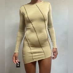 Inside Out Look, Tighter Beige Stretch Mini Bodycon Dress, Beige Fitted Mini Dress For Fall, Beige Bodycon Mini Dress, Fitted Beige Mini Dress For Fall, Fitted Khaki Mini Dress For Fall, Beige Mini Bodycon Dress For Spring, Spring Beige Mini Bodycon Dress, Chic Beige Bodycon Dress, Beige Stretch Dress For Night Out