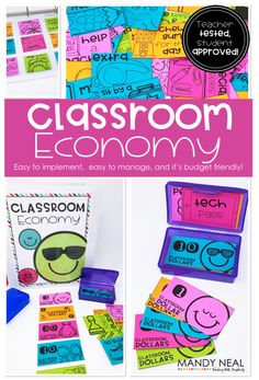 the classroom economy book cover is shown with colorful images and words on it, including an image