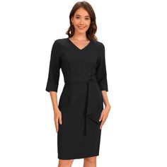 Allegra K Work Office Casual Dresses for Women's Half Sleeve Work Midi Dress offers a blend of style and comfort. Featuring half sleeves, a V-neck, and a zipper back, this dress is designed with a waistband for a flattering fit. Its midi length and solid color make it a versatile choice for various business occasions. Styled with earrings, a handbag, and high heels, it creates a chic look. The straight lines give it a polished and professional appearance, suitable for meetings, going out, and sh Midi Dress Work, Professional Appearance, Elegant Midi Dresses, Belted Shirt Dress, Midi Sheath Dress, Black Sheath Dress, Midi Dress Casual, Straight Lines, Office Casual