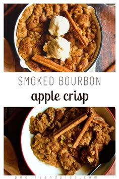 an apple crisp with cinnamon sticks and ice cream in the middle is shown on top