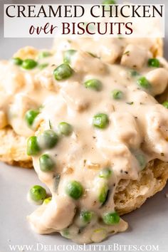 a close up of food on a plate with the words creamed chicken over biscuits