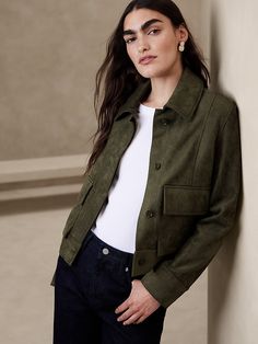 Vegan Suede Jacket | Banana Republic Factory Jackets To Wear With Dresses, Suede Jacket Women, Olive Jacket, Outfit Mujer, Suede Fashion, My Summer, Banana Republic Factory, Material Girls, Suede Jacket