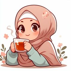 a woman wearing a hijab holding a cup of tea