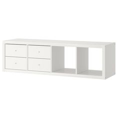 a white shelf with four drawers and two doors on the bottom, in front of a white background