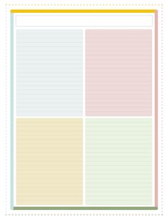 three sheets of lined paper with dots and lines on the bottom, one in pastel yellow