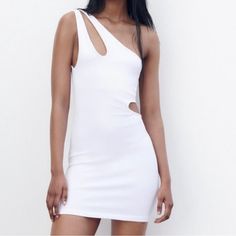 Zara Dress White Brand New With Tags Size Medium White Cutout Mini Dress For Brunch, Casual White Cutout Mini Dress, Summer Bodycon Dress With One Shoulder And Cutout, White Zara Bodycon Dress For Night Out, Spring Bodycon Mini Dress With Cutout, Spring Bodycon Cutout Mini Dress, Zara White Mini Length Bodycon Dress, White Cutout Mini Bodycon Dress, Summer Bodycon Dress With Cutout Details