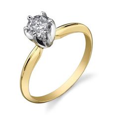 a yellow gold engagement ring with a single diamond in the center, on a white background