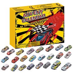 an assortment of toy cars in front of a yellow box with the words adventure calendar on it