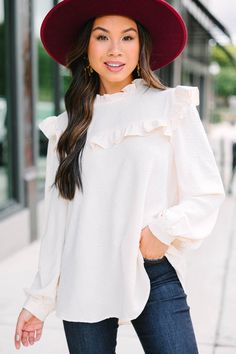 You and this blouse are going to create a beautiful romantic history together! The ruffles are just so cute and we are obsessing over the textured detailing! This blouse is going to look fabulous with nice pants or a skirt! This blouse features long sleeves, a round neckline, ruffles, and textured detailing. Material has no amount of stretch.Cindy is wearing the small. Light Taupe Color, Nice Pants, Ruffled Blouse, Floral Cocktail Dress, Black Tie Dress, Long Sleeve Outerwear, Fun Pants, Two Piece Swimwear, Friend Outfits