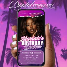 a woman holding up a cell phone in front of palm trees and the words march's birthday dinner