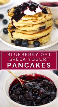 blueberry oat greek yogurt pancakes on a white plate