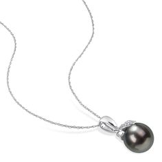 Ross-Simons - 9.5-10mm Black Cultured Tahitian Pearl Pendant Necklace, Diamond Accents. 17". Luxuriate in a beautifully bold style. Our superb pendant necklace presents a luminous 9.5-10mm black cultured Tahitian pearl iced in artful diamond-accented curves. Finely crafted in polished 14kt white gold and suspended from a Singapore chain. Springring clasp, black pearl pendant necklace. Tahitian pearls are unique and may vary. Pearl birthstones are the perfect gift for June birthdays. Black Pearl Pendant, Pendant Necklace Diamond, Tahitian Pearl Pendant, Necklace With Diamond, Pearl Birthstone, Necklace Diamond, Bold Style, Tahitian Pearls, Pearl Pendant Necklace