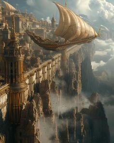 a large ship floating over a city surrounded by clouds