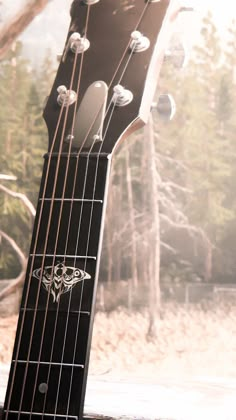 an acoustic guitar sitting in front of a forest