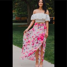 Floral Maxi Skirt With Slits On Both Sides. White Mini Skirt Underneath. Skirt And Entire Outfit Also Available On Shopbyevent.Com Flowy Summer Maxi Skirt For Day Out, Flowy Maxi Skirt For Summer Day Out, Summer Split Skirt Bottoms, Summer Maxi Bottoms For Day Out, High Waist Floral Maxi Skirt For Summer, Summer Fitted Maxi Skirt With Split Design, Summer Brunch Maxi Skirt, Summer Party Skirt With Split Design, Fitted Maxi Skirt With Split Design For Summer