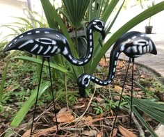 two black flamingos sitting on top of leaves in the grass next to some plants