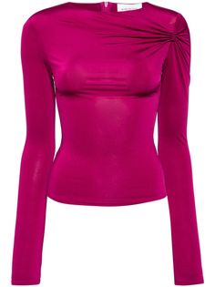 purple stretch-design gathered detailing round neck concealed rear zip fastening long sleeves Purple Clothes Combination, Purple Fashion Aesthetic, All Purple Outfit, Edgy Outfits Aesthetic, Colorful Tops, Gathered Top, Monochromatic Fashion, Formal Tops, Red Mini Skirt