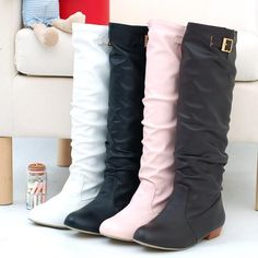 Soft Leather Buckle Tall Boots Low Heels for Women 3953 Knee High Winter Boots, High Winter Boots, Knee High Boots Winter, Riding Boots Fashion, Heels For Women, Low Heel Shoes, Rounded Toe Boots, Womens Knee High Boots, Boots Fall