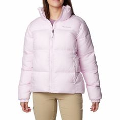 Stay cozy and warm in this women's Columbia Puffect II Full Zip Jacket.Click on this WOMEN'S GUIDE to find the perfect fit and more! FEATURES Omni-SHIELD advanced water repellency Long sleeves Elastic cuffs 2-way zipper closure with chin guard Fully linedFIT & SIZING Heavyweight 25-in. length from shoulder to hem Designed to hit at the waistFABRIC & CARE Body, lining, trim: polyester Fill: 100% recycled polyester Machine wash ImportedRESPONSIBLE Contains recycled polyester Size: Large. Color: Pi Pink North Face Jacket, Pink North Face, Pink Jacket, Stay Cozy, North Face Jacket, Outerwear Coats, Zip Jacket, Fabric Care, Columbia