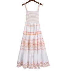 [Measurement] Length: 47.2" Chest: 20" Hip: 47" Casual Embroidered Sleeveless Sundress, White Sleeveless Sundress With Smocked Back, Sleeveless Cotton Smocked Dress For Vacation, White Cotton Smocked Summer Dress, White Sundress With Smocked Back For Spring, White Summer Sundress With Smocked Bodice, White Smocked Bodice Sundress For Spring, Sleeveless Embroidered Sundress, Floral Embroidery Sleeveless Sundress Maxi Dress