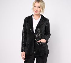 Rock this fabulous blazer when you're headed to any festive gathering or special occasion. From Isaac Mizrahi Live!TM. Chic Holiday Blazer For Formal Occasions, Chic Formal Blazer For Holiday, Chic Holiday Formal Blazer, Holiday Party Elegant Blazer, Elegant Holiday Party Blazer, Glamorous Notch Lapel Outerwear For Party, Notch Lapel Blazer For Fall Parties, Glamorous Notch Lapel Blazer For Party, Glamorous Notch Lapel Blazer For Fall