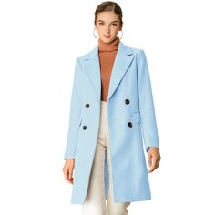 The long trench coat is shaped in a classic double-breasted cut. This soft, elegant coat with a tie around the waist detail is a classic look and will keep you warm in the cool weather. Whether you want to dress up your look or just stay warm in casual winter, it is a better choice for you. The self-tie belt style is flattering and fits more different body shapes. Light Blue Coat, Plus Size Winter Outfits, Blue Trench Coat, Winter Outwear, Elegant Coats, Plus Size Winter, Long Trench Coat, Blue Coats, Belted Coat