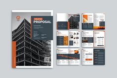 a brochure that has been designed to look like a building with orange accents