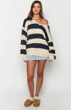 Navy Stripe Knit Sweater

How to style:
Our Delvey knit is the ultimate combo of cute and comfortable ()! Perfect for a coffee date on those colder days, this striped sweater will elevate any winter () look. Pair with flared leggings and white sneakers for a comfortable outfit! Elevate the look with your fave jewellery (). 

Features:


  
 * Heavy weight knit material
 
 * Contrast stripe design
 
 * Pull on design
 
 * V neckline
 
 * Full length
 
 * Oversized fit
 
 * Long sleeves Oversized Striped Chunky Knit Sweater, Striped Chunky Knit Sweater, Stripe Knit Sweater, Prom Midi Dress, 60's Dress, Comfortable Outfit, Flared Leggings, Chunky Knit Sweater, Sweater Crop