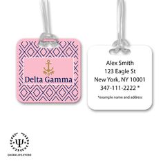 • PREMIUM QUALITY MATERIAL: Delta Gamma Custom Made Square Bag Tag is made from high-quality White Gloss FRP, Fiberglass Reinforced Plastic. • DIMENSIONS: The luggage tag measures 3” H x 3” W. • IMPECCABLE GRAPHICS: Delta Gamma Square Bag Tag features custom graphics along with the logo, motto, and the name of Delta Gamma. • PERFECT: Delta Gamma is the perfect accessory for any bag! Durable elastic strap easily attaches to baggage and keeps bag tag securely fastened en route. • SAFETY AND USAGE Delta Gamma Designs, Acacia Fraternity, Delta Gamma, Luggage Bag, Custom Graphics, Bag Tag, White Gloss, Luggage Tag, Square Bag