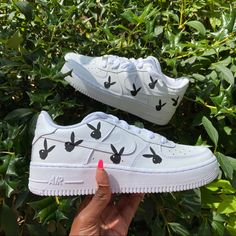 Womens Sizes Listed Custom Handmade Nike Air Force 1s With Black Bunny Design. Check Out More Styles On My Website Everythingjasmine.Com Bunny Custom, Custom Nike Air Force 1, Custom Nike Air Force, Nike Air Force 1s, Black Bunny, Air Force 1s, Black Nike Shoes, Custom Nike, Hype Shoes