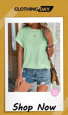 Eyelet Round Neck Short Sleeve T-shirt Green Solid Color T-shirt For Summer, Trendy Solid Color Short Sleeve Shirt, Stretch Crew Neck Short Sleeve Top In Solid Color, Stretch Crew Neck Short Sleeve Top, Trendy Solid Color Crew Neck Blouse, Solid Short Sleeve Top With Crew Neck For Spring, Solid Color Crew Neck Short Sleeve Top For Spring, Trendy Short-sleeved T-shirt In Solid Color, Casual Crew Neck Short Sleeve Top For Day Out