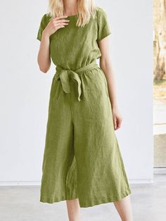 Solid Pocket Short Sleeve Wide Leg Jumpsuit with Belt Green Short Sleeve Jumpsuit With Pockets, Green Jumpsuits With Pockets For Vacation, Green Jumpsuits And Rompers With Pockets For Vacation, Green Vacation Jumpsuits With Pockets, Short Sleeve Jumpsuits And Rompers With Pockets For Beach, Casual Solid Belted Jumpsuits And Rompers, Green Belted Jumpsuits And Rompers For Summer, Summer Green Belted Jumpsuits And Rompers, Short Sleeve Solid Color Jumpsuits And Rompers For Beach