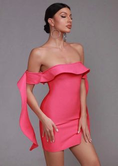 Step out in style in this off-shoulder ruffle-trimmed dress. Crafted from a soft, hot-pink fabric, the split hem adds a chic silhouette to any wardrobe. Sleek and sophisticated, this is the perfect statement piece for a special night out. Fit Type: Slim Fit Fabric: High Stretch Material: 95% Polyester, 5% Elastane Date Night Dress With Ruffles And Straight Neckline, Flirty Dress With Ruffles And Straight Neckline, Flirty Mini Dress With Ruffles And Straight Neckline, Feminine Mini Dress With Straight Neckline And Ruffles, Glamorous Fitted Off Shoulder Dress With Ruffles, Glamorous Fitted Off-shoulder Dress With Ruffles, Pink Fitted Sleeveless Off Shoulder Dress, Pink Fitted Sleeveless Off-shoulder Dress, Straight Neckline Mini Dress With Ruffles For Date Night