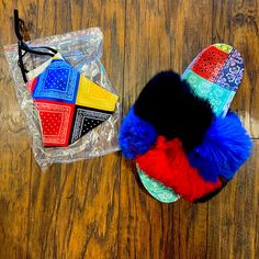 Sandal Slides Multi Colored Faux Fur Multi Color Bandana Print Sole Mask Included True To Size Fit Trendy Multicolor Flat Slippers, Multicolor Synthetic Casual Slippers, Multicolor Flat Synthetic Slippers, Casual Multicolor Synthetic Slippers, Casual Red Sandals For Festival, Faux Fur Sandals, Colorful Snakes, Woven Mules, Sandal Slides