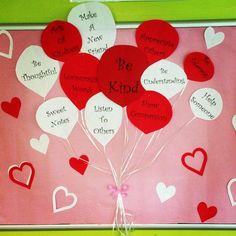 a bunch of red and white heart shaped balloons on a pink background with the words be kind written on them