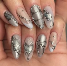 Designed Nails, Cheetah Print Nails, Heart Ribbon, Stylish Nails Designs, Y2k Nails, Gothic Design, Unique Acrylic Nails, Silver Nails, Nails Inspo