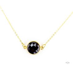 This beautiful, classy, and alluring black chalcedony & gold chain necklace is a must-have for your collection! This lovely black and gold necklace is very versatile and adds a touch of elegance to any outfit. Shimmering, faceted black chalcedony stone and gold twist vermeil bezel.The 18K gold-plated chain. The necklace is 19 inches long.