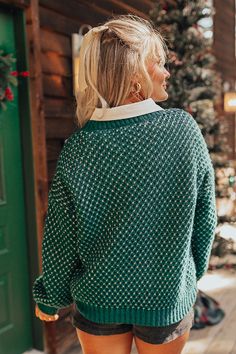 - Wish for snow day snuggles with this adorable sweater! - Unlined knit material with a white and green hued pattern - A crew cut neckline - Long, loose sleeves with ribbed cuffs - A relaxed silhouette that ends in a ribbed hemline Green Crew Neck Sweater For Winter, Green Winter Sweater For Cold Weather, Green Sweater For Winter Cold Weather, Winter Green Knit Sweater, Green Knit Winter Sweater, Green Knit Sweater For Winter, Winter Green Cable Knit Cardigan, Green Soft Knit Crew Neck Sweater, Green Soft Knit Winter Sweater