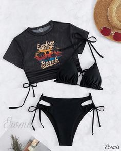 Fitted Black Sets For Beach Season, Black Beachwear Sets For Summer, Fitted Black Beach Set, Fitted Black Beachwear Sets, Black Beachwear Sets For The Beach, Black Beachwear Sets For Beach, Black Beachwear Sets For Poolside, Black Two-piece Beach Sets, Black Summer Sets For Vacation