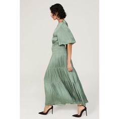 Green satin (100% Polyester). A-line. Short sleeves. V-neck. Pull on. 54" from shoulder to hemline. Imported. Satin V-neck Dress With Pleated Bodice, Elegant Short Sleeve V-neck Dress For Brunch, Elegant Green A-line Satin Dress, V-neck Fit And Flare Dress With Pleated Waist, Fit And Flare V-neck Dress With Pleated Waist, Spring Formal Ruched V-neck Dress, Silk V-neck Dressy Maxi Dress, Chic Satin A-line Midi Dress, Elegant Maxi Length V-neck Dress For Brunch