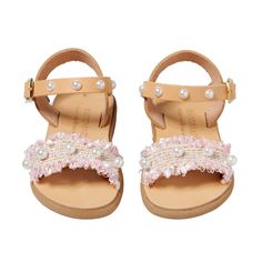 Discover beautiful handmade girls' sandals in pink with pearls. Perfect for kids, teens, and infants. Shop now for stylish children's flat sandals. Handcrafted in Athens, Greece, these girls sandals feature genuine leather uppers adorned with delicate pearls. They boast a regenerated leather insole for comfort and an anti-slip rubber sole for stability. Experience the enchantment of our stunning collection of children's leather sandals! Delve into the charm and heritage by discovering the captiv Shoe Designs, Chic Flats, Pink Pearls, Best Shoes, Elegant Shoes, Girls Sandals, Diy Shoes, Stylish Kids, Pink Pearl