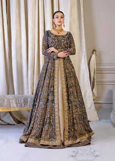 Pakistani Bridal Dress in Open Frock and Lehenga Style - MEDIUM