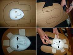 four pictures show how to make a paper mache pig mask